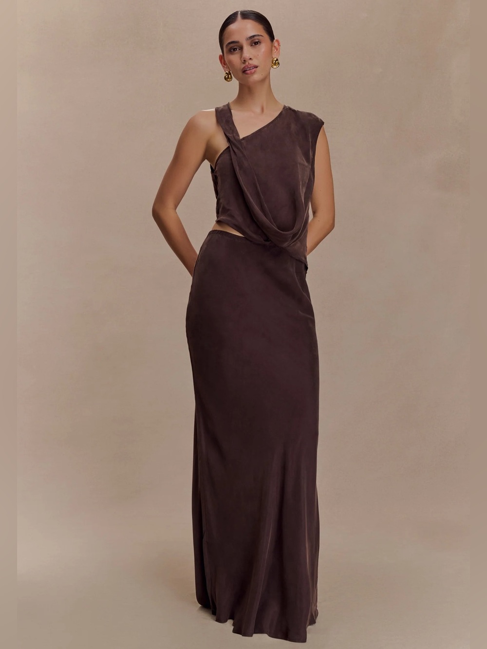 MESHKI Violeta Satin Maxi Skirt • Size M Chocolate Brown • NWT TikTok Viral